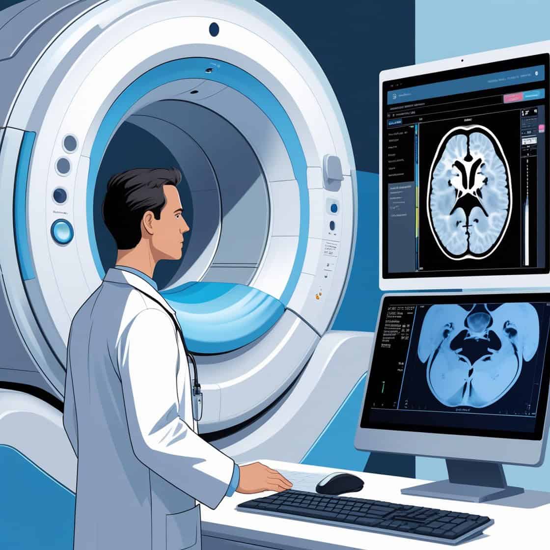 MRI-scanner met arts die hersenbeeld analyseert voor medische diagnose.